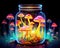 Fantasy mushrooms are in a glass jar.