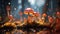 Fantasy mushrooms on a rainy day in a mysterious forest. Macro shot of mushrooms with water droplets in a Fictional landscape,