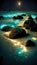 Fantasy mysterious seashore, glowing marine life, fairy tale seascape, digital art