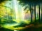 Fantasy mystical forest. Foggy green, dark forest.