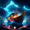 Fantasy night scene with ship and thunderstorm. 3D rendering AI generated