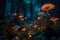 fantasy nighttime forest with glowing mushrooms