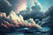 fantasy ocean with colorful clouds, ai generated image