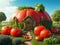 Fantasy organic garden with giant tomato-like cottage