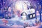 Fantasy panorama landscape of magic forest with fairy tale cottage in purple pastel tone, Vector cartoon illustration of fantasy