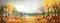 Fantasy panorama landscapes of Countryside in autumn,Panoramic of mid autumn with farm field, mountains,pumpkins and leaves