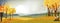 Fantasy panorama landscapes of Countryside in autumn,Panoramic of mid autumn with farm field, mountains, wild grass and leaves