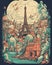 Fantasy Paris city surrealistic illustration poster. Creative interpretation of famous landmark and cityscape