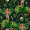 Fantasy pattern with carnival girl like fairy, pixie dancing in tropical forest.