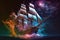 fantasy pirate ship in a galactic night, generative ai illustration