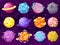 Fantasy planets. Colorful cosmic planet objects for game design fantastic galaxy world, astronomy space universe cartoon