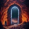 Fantasy portal stone arch in mountain hot cave due to magma and volcanic eruption. Magic gate entrance in ancient rock