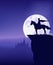Fantasy prince and horse at night with full moon and castle vector silhouette
