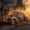 Fantasy Realism Art: Old Car Burning In Front Of Cathedral