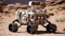 Fantasy robotic rover navigating mars terrain, conducting scientific research and exploration