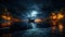 Fantasy scene with boat on the river at night. Moonlight, starry sky, fairytale night scene. Another reality