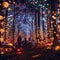 Fantasy scene of a forest at night with hundreds of glowing orbs.