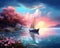 fantasy scenery of the boat on the shore with amazing sky scenery.