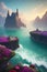 Fantasy sci-fi dreamland illustration of abstract sea, islands full of flowers, castle