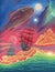 Fantasy sea landscape sunset or sunrise on canvas, oil painting seascape with fish, red sails ship, castle, planets and stars