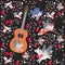 Fantasy seamless pattern with big wooden guitar and little magic animals: winged cat, pegasus and fox, tiny berries and flowers