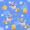 Fantasy seamless pattern with funny kittens - astronauts in open cosmos. Rockets, moon, planets and stars against blue sky