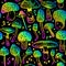 Fantasy seamless vector pattern of rainbow psilocybin mushrooms. Beautiful wallpaper of hallucinogenic mushrooms in acid colors
