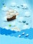 Fantasy seascape with flying ship and fishes