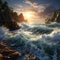 Fantasy seascape. Rocks and sea at sunset. 3d illustration