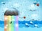 Fantasy seascape with umbrella, rain and rainbow colors.