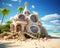 fantasy seashell-like house on a sandy beach island.