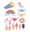 Fantasy set of donut and cloud and heart and star with wings and rainbow and inflatable unicorn and ice creams in white