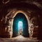 Fantasy shining portal stone arch in mountain cave. Magic gate entrance in ancient rock temple with rough creepy