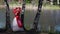 fantasy shot with lady dressed red and white gorgeous gown at nature, medieval fairy female character