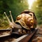 A fantasy snail is riding on the tracks of a train, AI