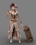 Fantasy Steampunk fashion woman holding travel case. 3D illustration isolated on grey background