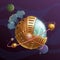Fantasy steampunk planet on space background.
