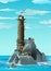 Fantasy style epic military lighthouse on a blue rocky island and near a small village. Huge lighthouse and small houses,