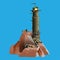 Fantasy style epic military lighthouse on a blue rocky island and near a small village. Huge lighthouse and small houses