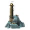 Fantasy style epic military lighthouse on a blue rocky island and near a small village. Huge lighthouse and small houses at its