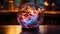 Fantasy style plasma ball. Multi-colored lightning in a glass sphere. Shining energy in the ball. Glass ball on the table. Magic