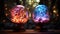 Fantasy style plasma ball. Multi-colored lightning in a glass sphere. Shining energy in the ball. Glass ball on the table. Magic