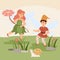 Fantasy summer forest background with pixies or elves, flat vector illustration.