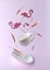 Fantasy of tea time in wonderland.Creative image of cup and saucer, feathers and decorative flamingo