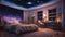 A fantasy-themed bedroom with neon lights resembling a starry night