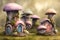 Fantasy tiny miniature mushroom shaped houses, children books cute illustration. Generative Ai