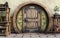 Fantasy tiny storybook style home interior cottage background with rustic accents and a large round cozy door.