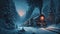 Fantasy train across a winter wilderness in the dark night generative AI