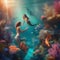 Fantasy underwater scene with mermaids, seahorses, and vibrant coral Whimsical and magical illustration suitable for aquatic or