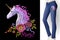 Fantasy unicorn embroidery patch sticker. Pink violet mane horse flower arrange poppy rose on blue woman jeans mockup